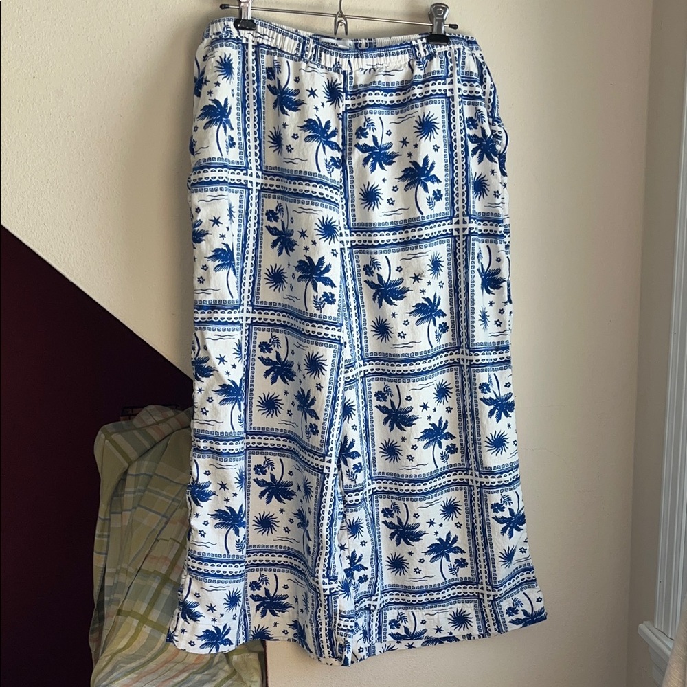 Sonoma Blue and White Linen-Blend Tropical Printed Pants XL